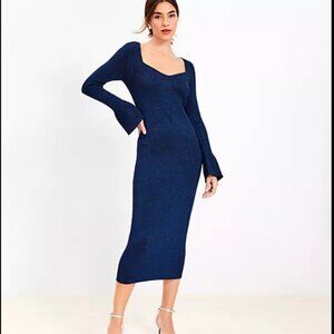 NWT LOFT Blue Ribbed Bodycon Dress with Trumpet Sleeves